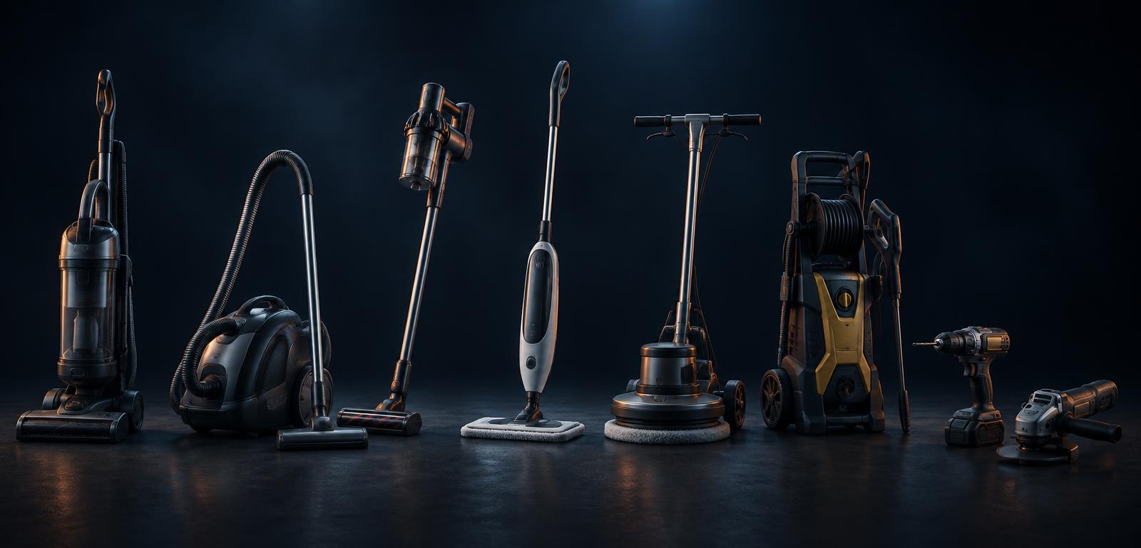 Upright, cylinder and cordless vacuum cleaners, steam mop, floor polisher, pressure washer and power tools lined up on a dark floor